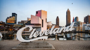Cleveland script sign at dusk.
